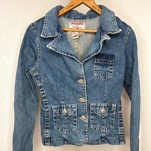 True Religion Women's Y2K Blue Denim Jean Jacket Size M Embroidered Jackie 90s